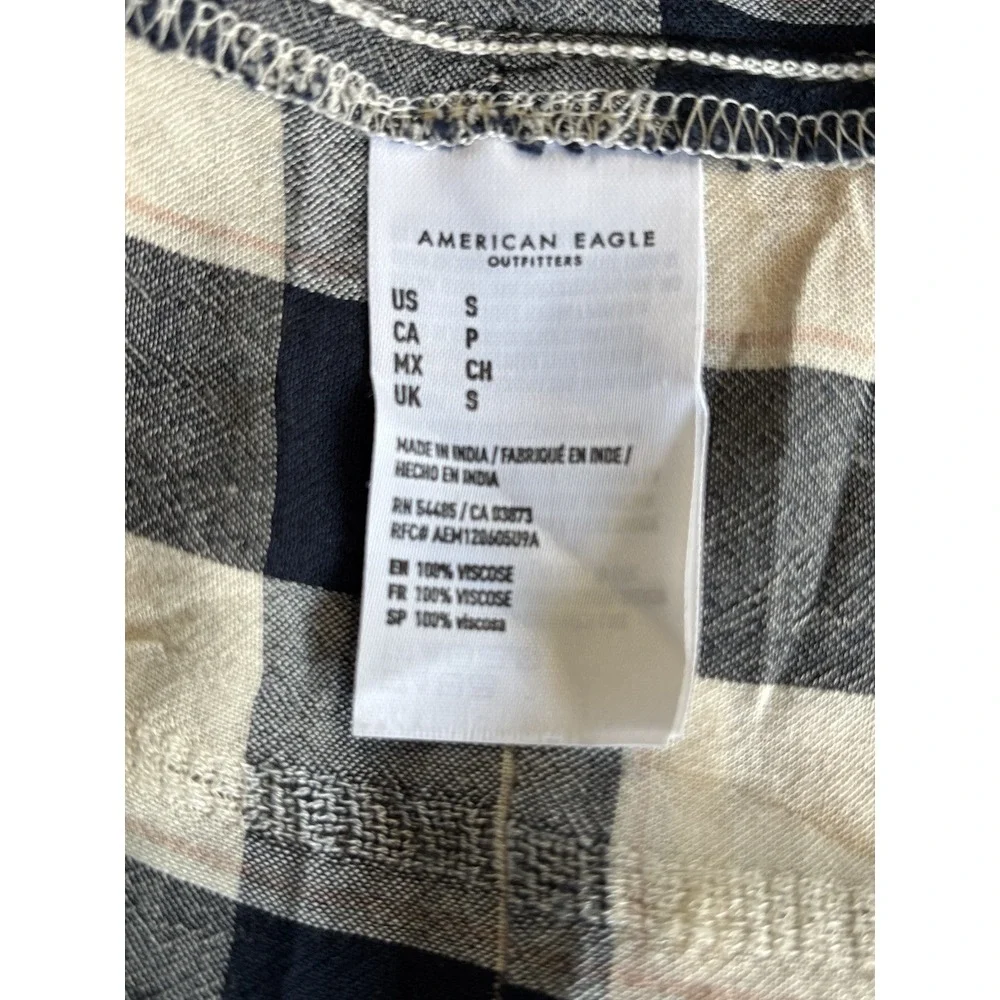 American Eagle Blue/White Plaid Buttons Tiered Long Sleeve Size‎ S Flowy Ruffles